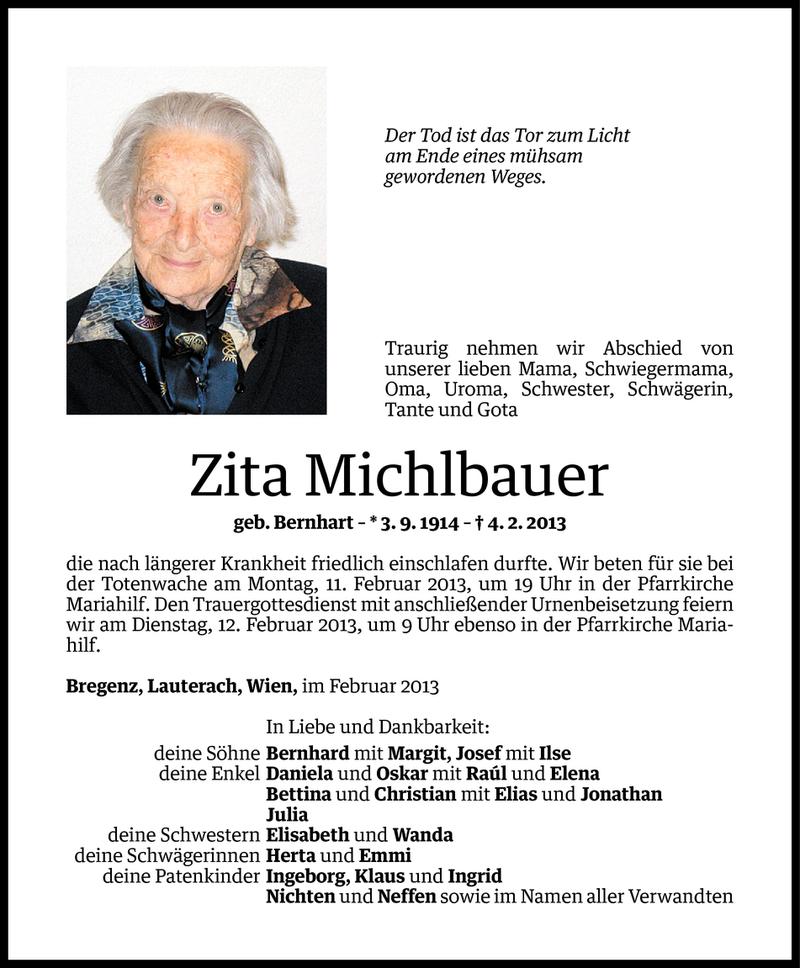  Todesanzeige für Zita Michlbauer vom 08.02.2013 aus Vorarlberger Nachrichten