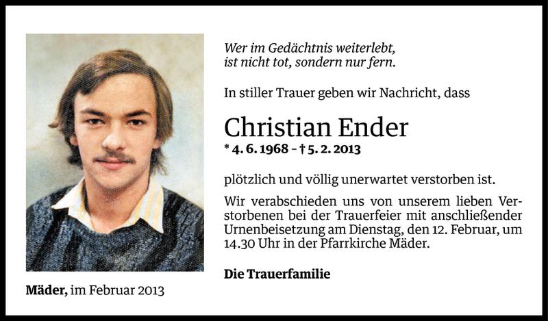  Todesanzeige für Christian Ender vom 08.02.2013 aus Vorarlberger Nachrichten
