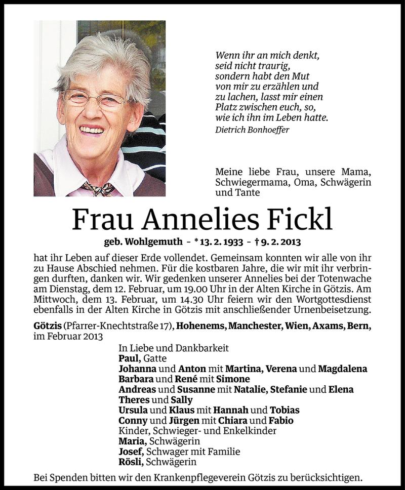  Todesanzeige für Annelies Fickl vom 10.02.2013 aus Vorarlberger Nachrichten
