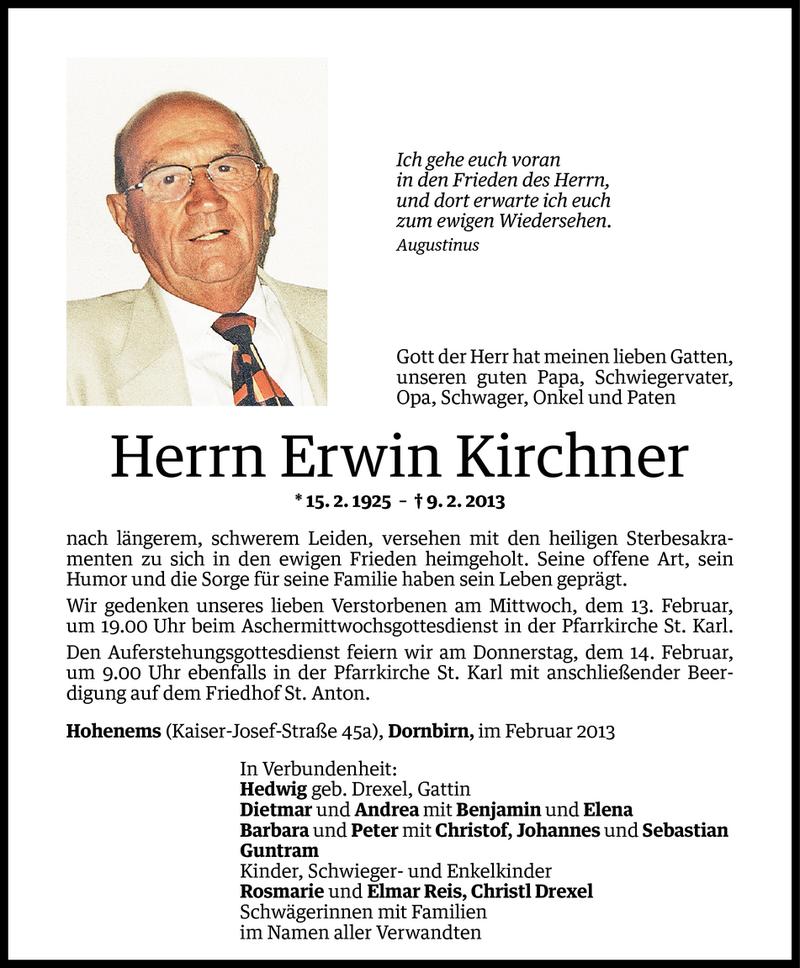  Todesanzeige für Erwin Kirchner vom 10.02.2013 aus Vorarlberger Nachrichten