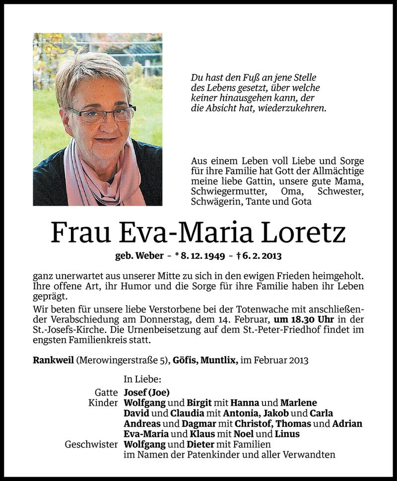  Todesanzeige für Eva-Maria Loretz vom 10.02.2013 aus Vorarlberger Nachrichten