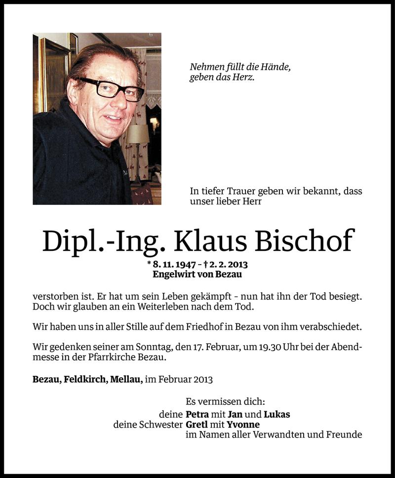  Todesanzeige für Dipl.-Ing. Klaus Bischof vom 11.02.2013 aus Vorarlberger Nachrichten