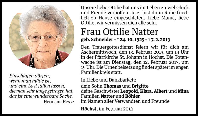  Todesanzeige für Ottilie Natter vom 10.02.2013 aus Vorarlberger Nachrichten