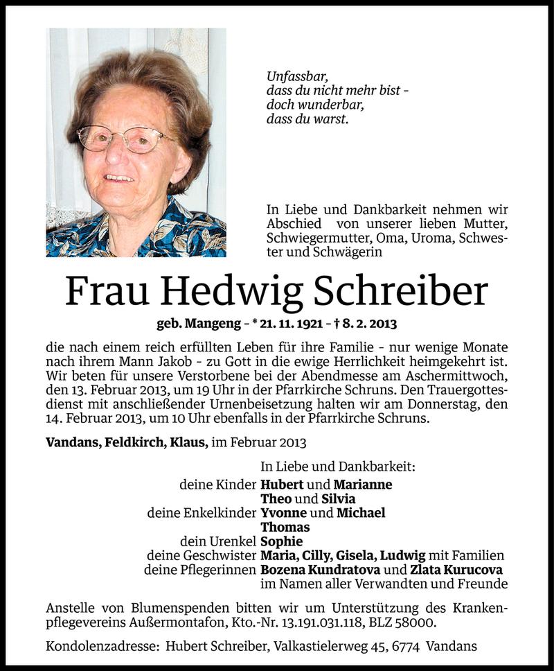  Todesanzeige für Hedwig Schreiber vom 11.02.2013 aus Vorarlberger Nachrichten