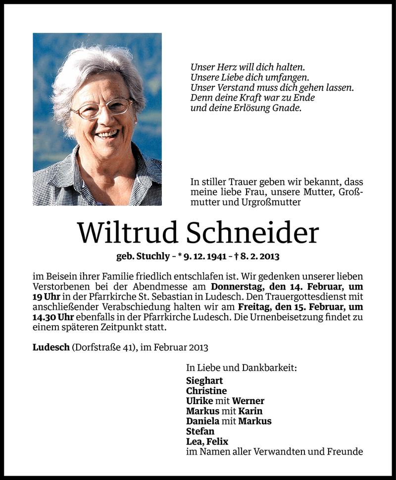  Todesanzeige für Wiltrud Schneider vom 12.02.2013 aus Vorarlberger Nachrichten