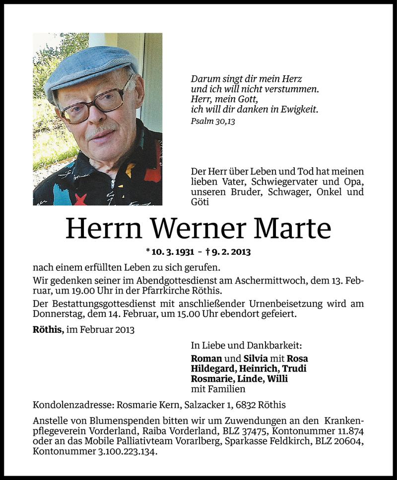  Todesanzeige für Werner Marte vom 11.02.2013 aus Vorarlberger Nachrichten