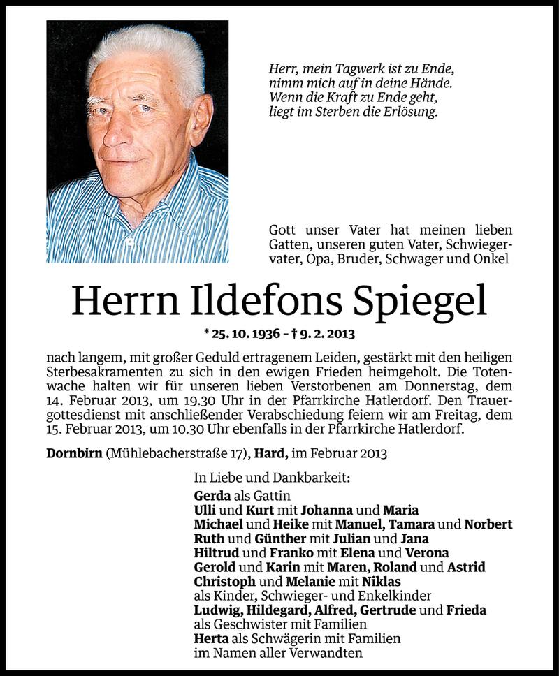  Todesanzeige für Ildefons Spiegel vom 11.02.2013 aus Vorarlberger Nachrichten