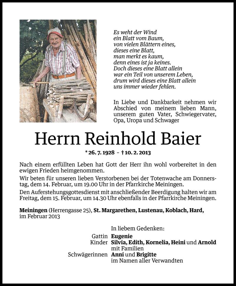  Todesanzeige für Reinhold Baier vom 11.02.2013 aus Vorarlberger Nachrichten