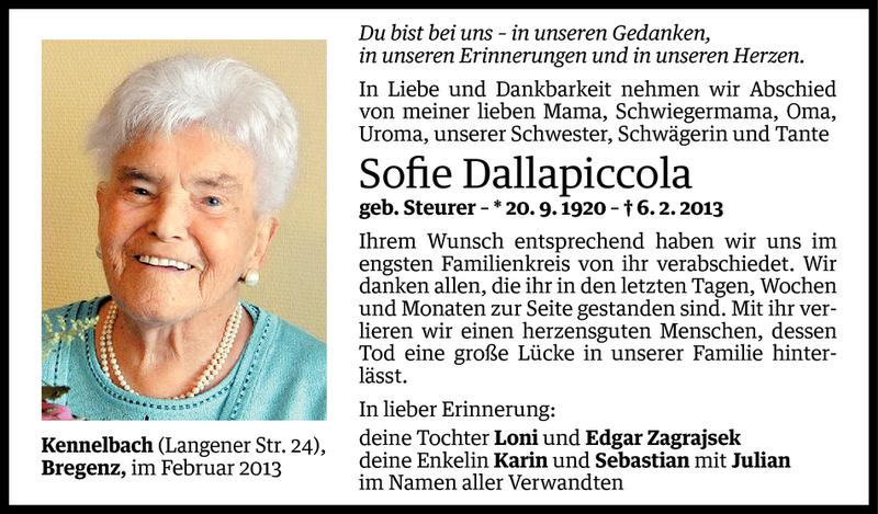  Todesanzeige für Sofie Dallapiccola vom 12.02.2013 aus Vorarlberger Nachrichten