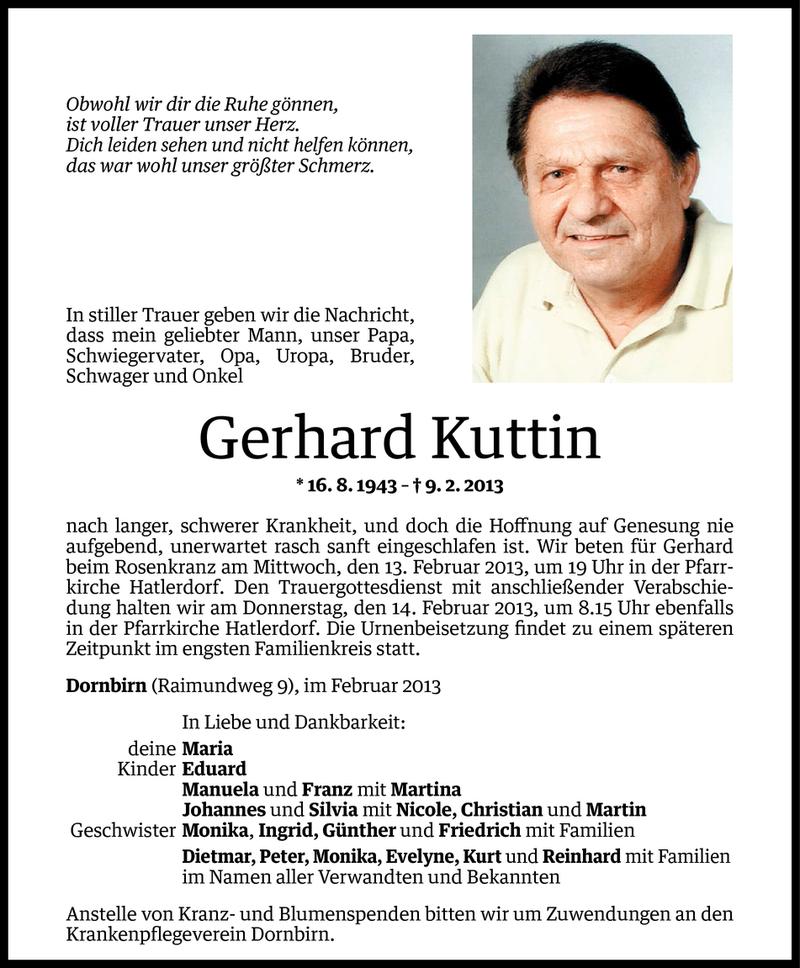  Todesanzeige für Gerhard Kuttin vom 11.02.2013 aus Vorarlberger Nachrichten