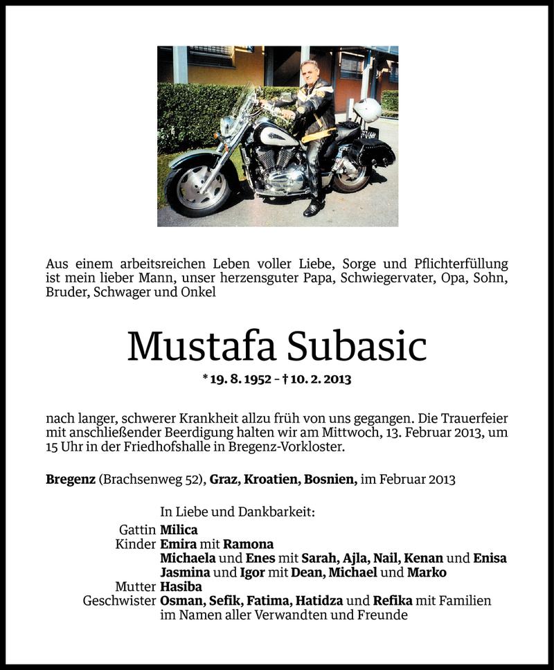  Todesanzeige für Mustafa Subasic vom 11.02.2013 aus Vorarlberger Nachrichten