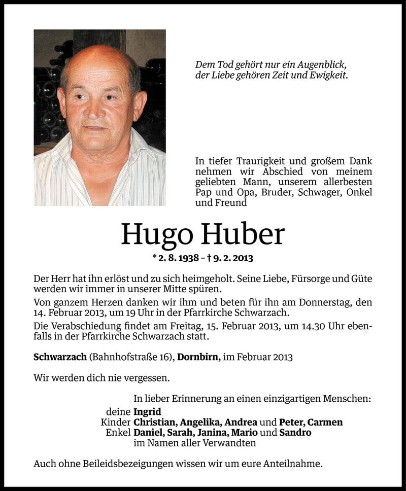  Todesanzeige für Hugo Huber vom 12.02.2013 aus Vorarlberger Nachrichten