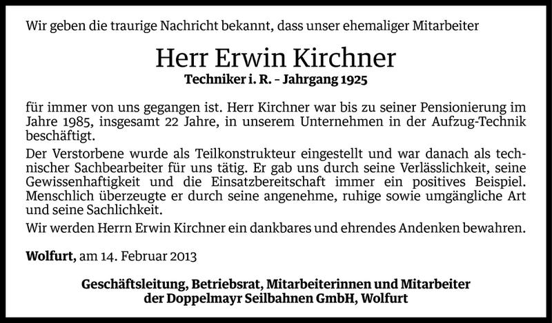  Todesanzeige für Erwin Kirchner vom 13.02.2013 aus Vorarlberger Nachrichten