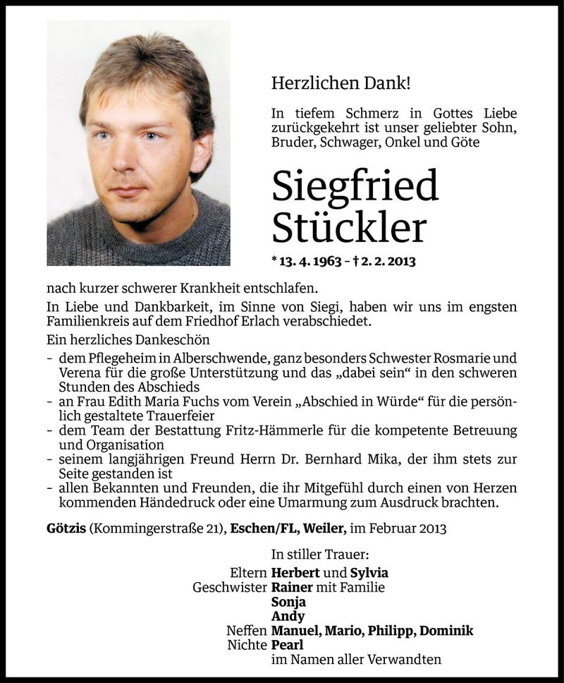  Todesanzeige für Siegfried Stückler vom 14.02.2013 aus Vorarlberger Nachrichten