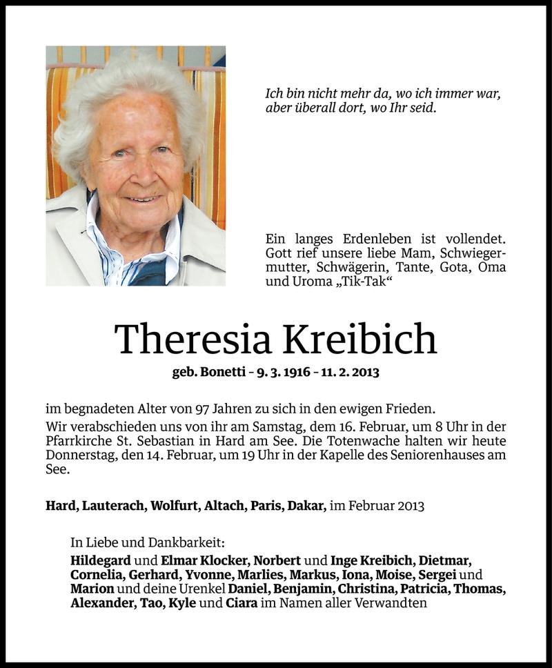  Todesanzeige für Theresia Kreibich vom 13.02.2013 aus Vorarlberger Nachrichten