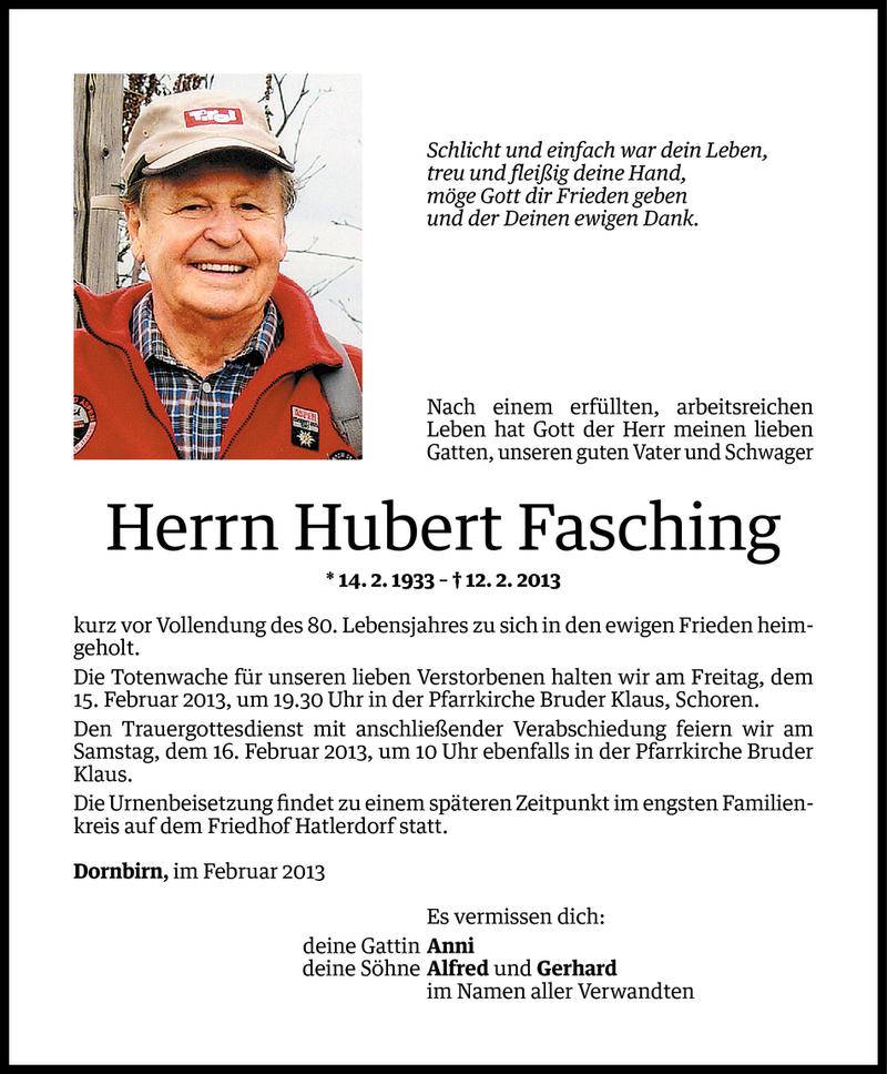  Todesanzeige für Hubert Fasching vom 13.02.2013 aus Vorarlberger Nachrichten