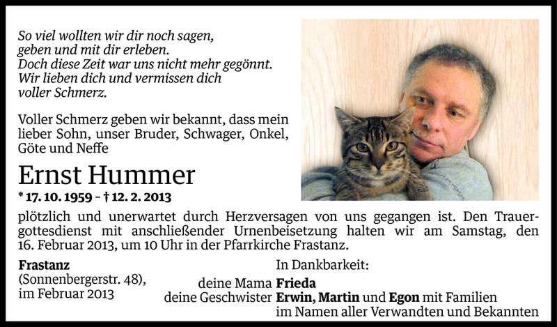  Todesanzeige für Ernst Hummer vom 13.02.2013 aus Vorarlberger Nachrichten