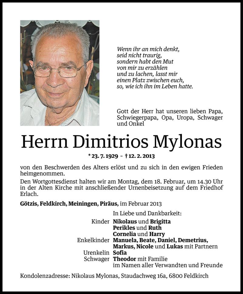  Todesanzeige für Dimitrios Mylonas vom 14.02.2013 aus Vorarlberger Nachrichten