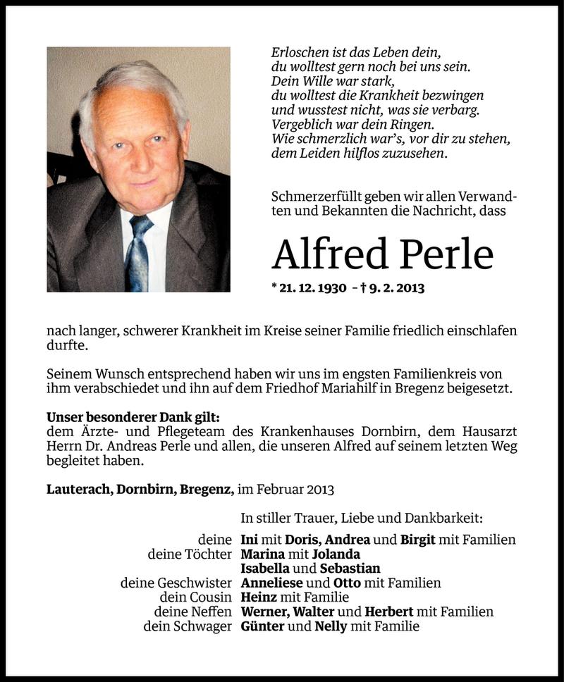  Todesanzeige für Alfred Perle vom 13.02.2013 aus Vorarlberger Nachrichten