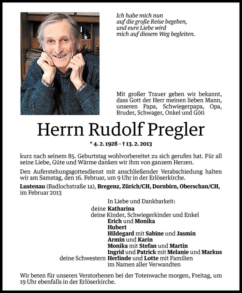  Todesanzeige für Rudolf Pregler vom 13.02.2013 aus Vorarlberger Nachrichten