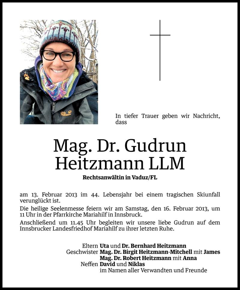  Todesanzeige für Mag. Dr. Gudrun Heitzmann LLM vom 14.02.2013 aus Vorarlberger Nachrichten