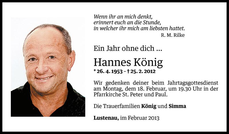  Todesanzeige für Johannes König vom 15.02.2013 aus Vorarlberger Nachrichten