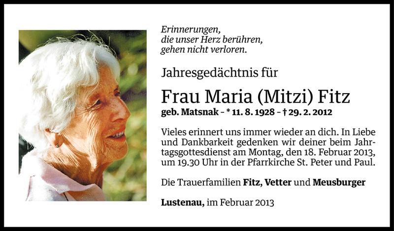  Todesanzeige für Maria (Mitzi) Fitz vom 15.02.2013 aus Vorarlberger Nachrichten
