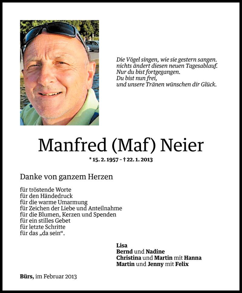  Todesanzeige für Manfred (Maf) Neier vom 15.02.2013 aus Vorarlberger Nachrichten