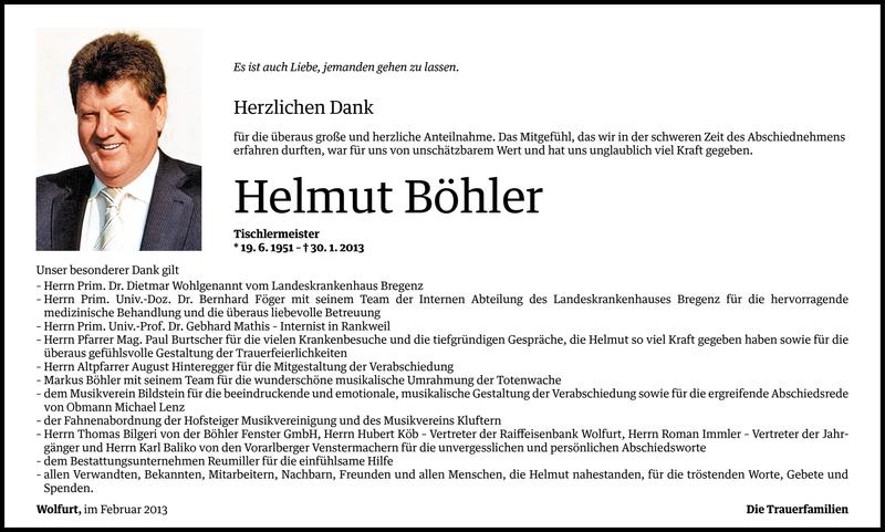  Todesanzeige für Helmut Böhler vom 15.02.2013 aus Vorarlberger Nachrichten