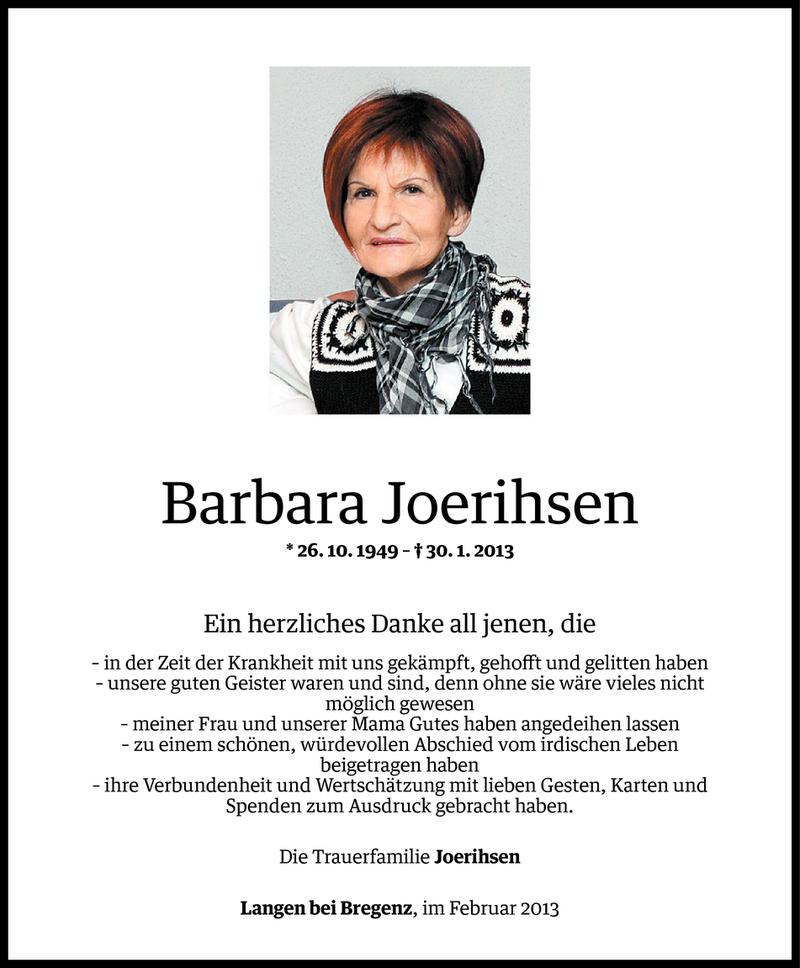  Todesanzeige für Barbara Joerihsen vom 15.02.2013 aus Vorarlberger Nachrichten