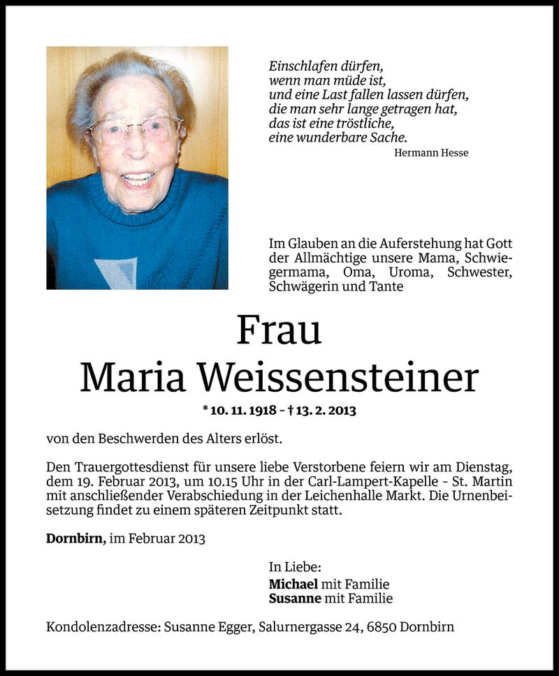  Todesanzeige für Maria Weissensteiner vom 15.02.2013 aus Vorarlberger Nachrichten