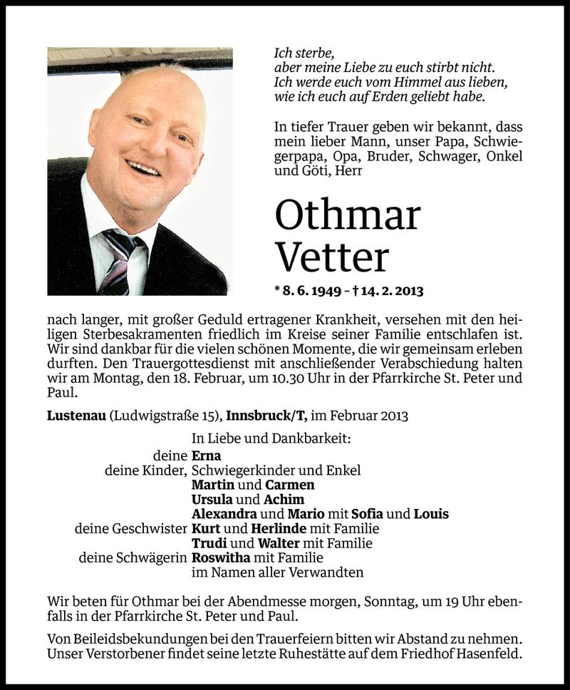  Todesanzeige für Othmar Vetter vom 15.02.2013 aus Vorarlberger Nachrichten