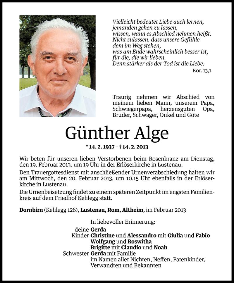  Todesanzeige für Günther Alge vom 17.02.2013 aus Vorarlberger Nachrichten