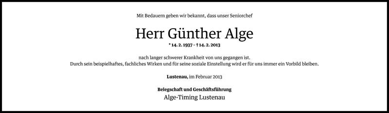  Todesanzeige für Günther Alge vom 17.02.2013 aus Vorarlberger Nachrichten