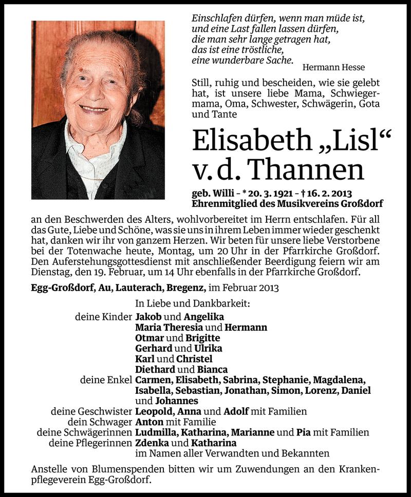  Todesanzeige für Elisabeth von der Thannen vom 17.02.2013 aus Vorarlberger Nachrichten