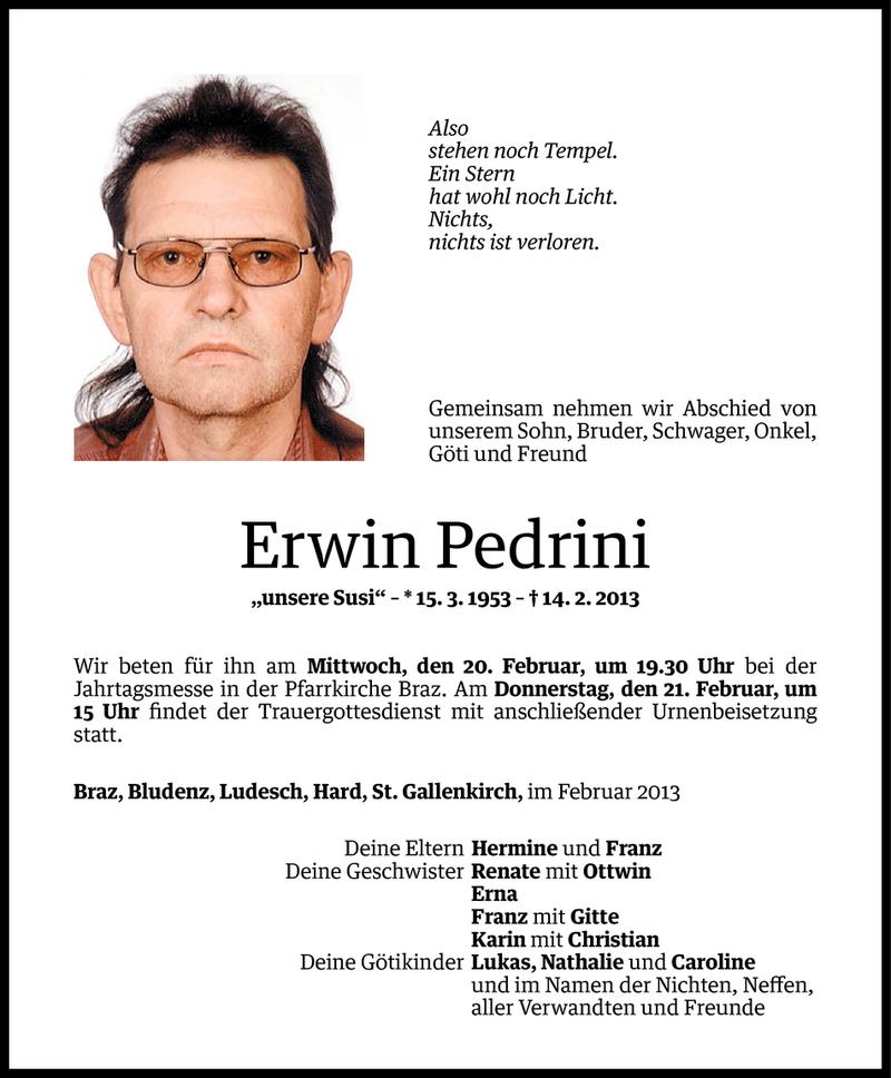  Todesanzeige für Erwin Pedrini vom 18.02.2013 aus Vorarlberger Nachrichten