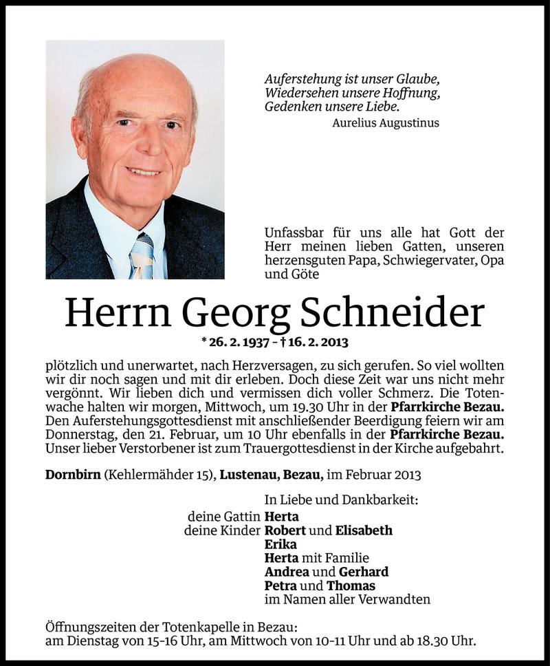  Todesanzeige für Georg Schneider vom 18.02.2013 aus Vorarlberger Nachrichten