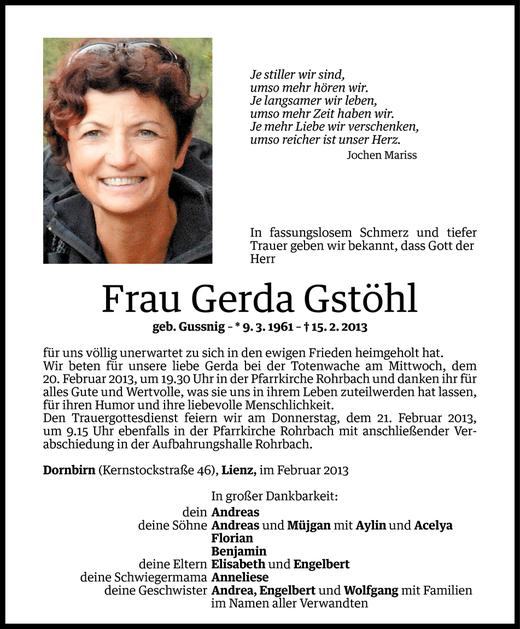 Todesanzeigen von Gerda Gstöhl | Todesanzeigen Vorarlberger Nachrichten