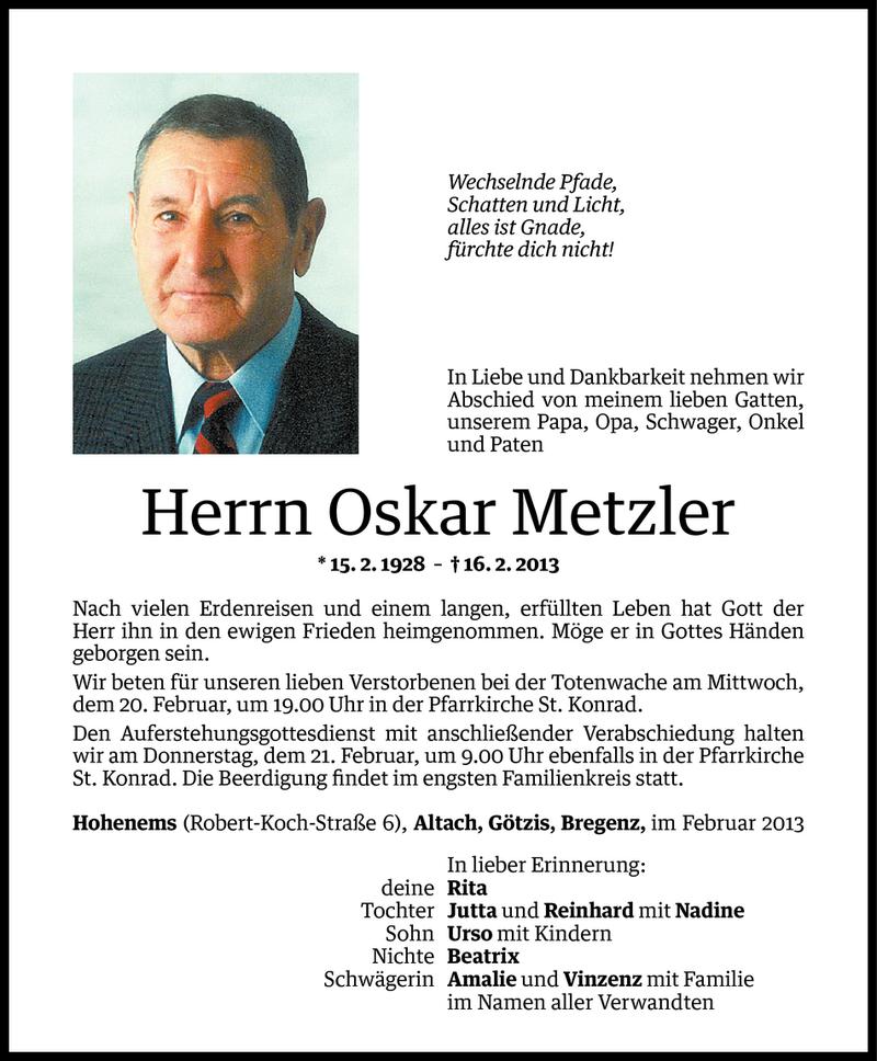  Todesanzeige für Oskar Metzler vom 18.02.2013 aus Vorarlberger Nachrichten