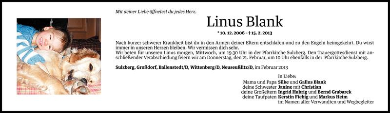  Todesanzeige für Linus Blank vom 18.02.2013 aus Vorarlberger Nachrichten