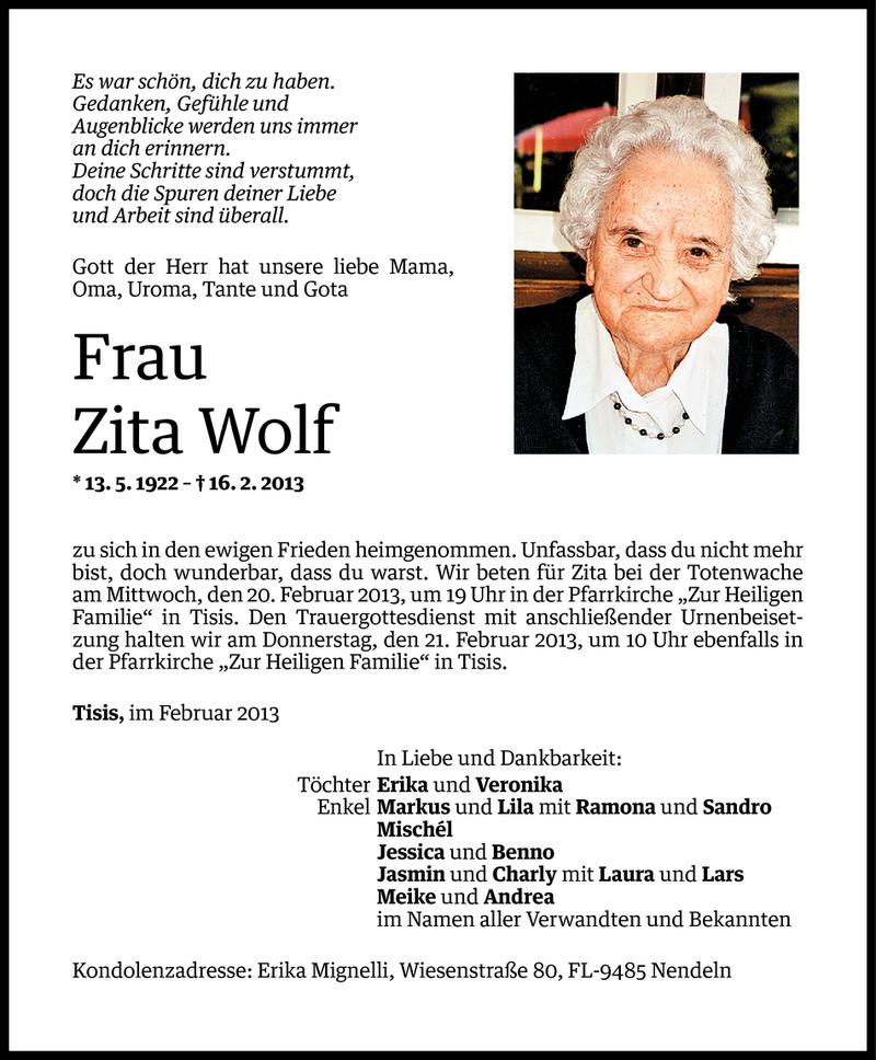  Todesanzeige für Zita Wolf vom 18.02.2013 aus Vorarlberger Nachrichten