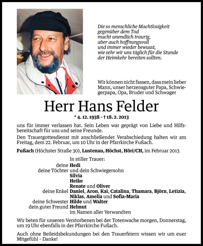  Todesanzeige für Hans Felder vom 19.02.2013 aus Vorarlberger Nachrichten