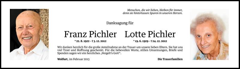  Todesanzeige für Franz Pichler vom 19.02.2013 aus Vorarlberger Nachrichten