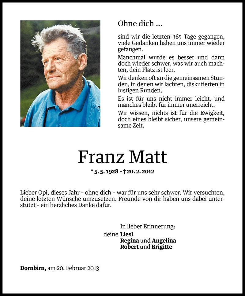  Todesanzeige für Franz Matt vom 19.02.2013 aus Vorarlberger Nachrichten