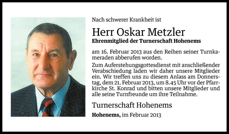  Todesanzeige für Oskar Metzler vom 19.02.2013 aus Vorarlberger Nachrichten