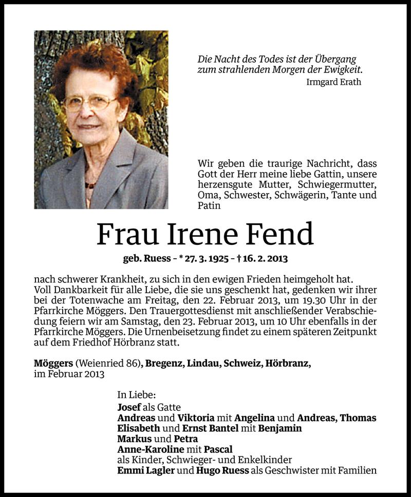  Todesanzeige für Irene Fend vom 20.02.2013 aus Vorarlberger Nachrichten