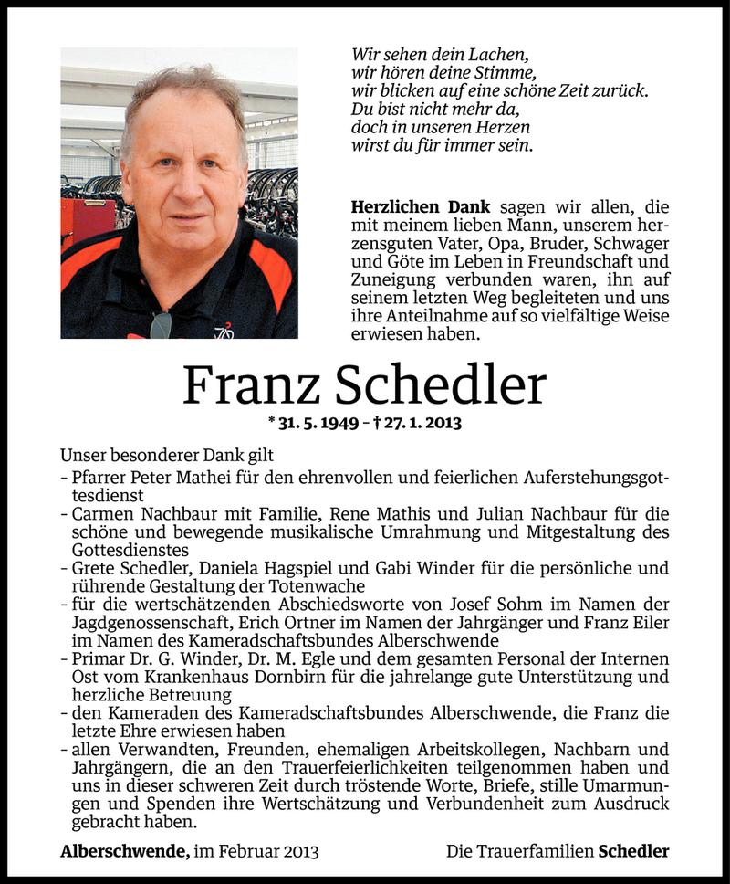  Todesanzeige für Franz Schedler vom 20.02.2013 aus Vorarlberger Nachrichten