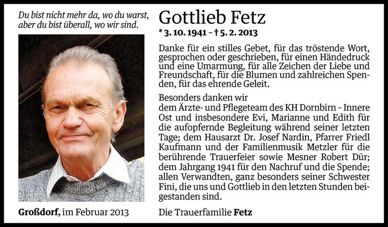  Todesanzeige für Gottlieb Fetz vom 20.02.2013 aus Vorarlberger Nachrichten
