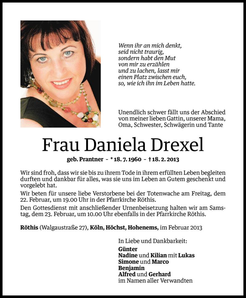  Todesanzeige für Daniela Drexel vom 20.02.2013 aus Vorarlberger Nachrichten