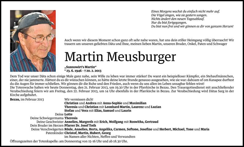  Todesanzeige für Martin Meusburger vom 20.02.2013 aus Vorarlberger Nachrichten